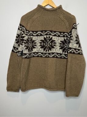 JCrew men's hand knit brown snowflake roll neck lambswool fair isle sweater sz L